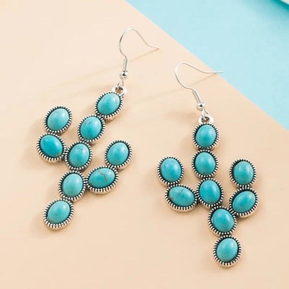 NEW Boho Turquoise Beaded Cactus Drop Earrings French Wire Hook Clay Drop A0138 - Picture 5 of 15
